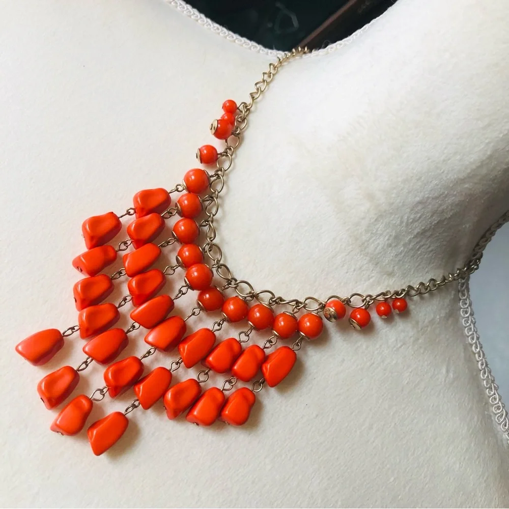 Bright orange resin beaded chain necklace